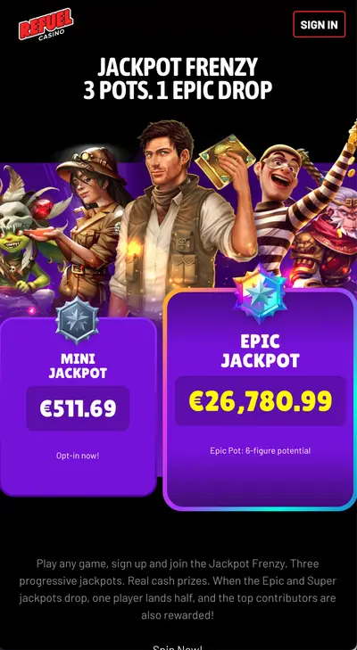 Refuel Casino startsida med spelkategorier